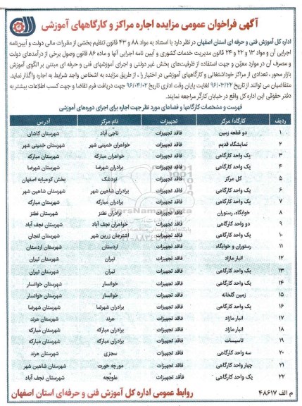 آگهی فراخوان عمومی , مزایده اجاره مراکز و کارگاههای آموزشی