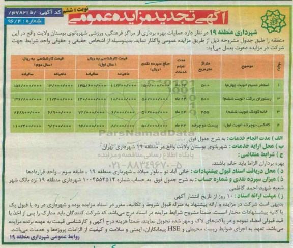 تجدید مزایده , مزایده  استخر نسیم ...... نوبت ششم