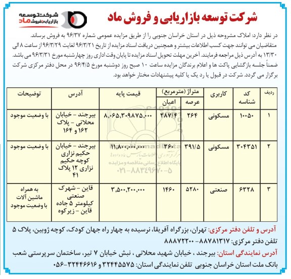 مزایده,مزایده فروش املاک استان خراسان جنوبی