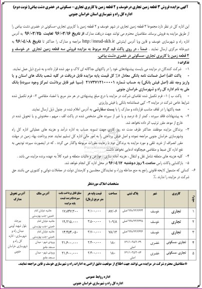 مزایده,مزایده 5 قطعه زمین کاربری تجاری مسکونی نوبت دوم 