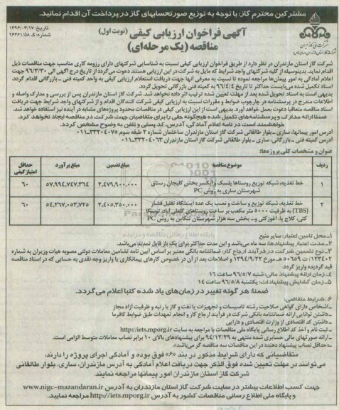 آگهی فراخوان ارزیابی ,فراخوان خط تغذیه ، شبکه توزیع روستاها پلسک ... نوبت اول 