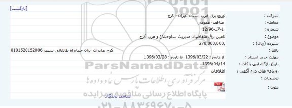 مناقصه, مناقصه تامین برق متقاضیان مدیریت ساوجبلاغ و غرب کرج