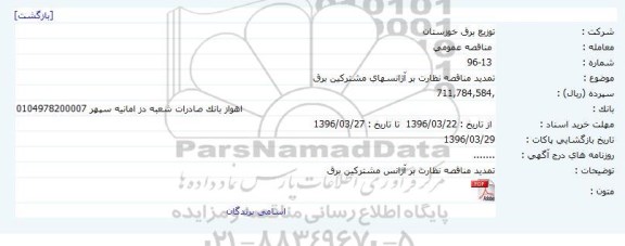 تمدید مناقصه پروژه نظارت بر آژانس های مشترکین برق ...