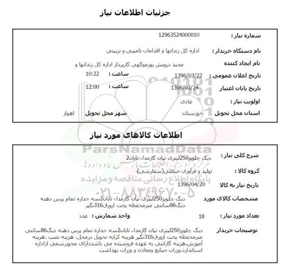 استعلام, استعلام دیگ چلویز صنعتی 250 لیتری