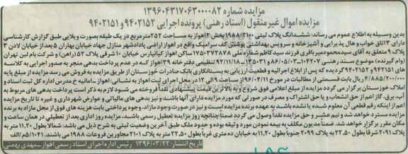 مزایده,مزایده ششدانگ پلاک ثبتی به مساحت 252 متر