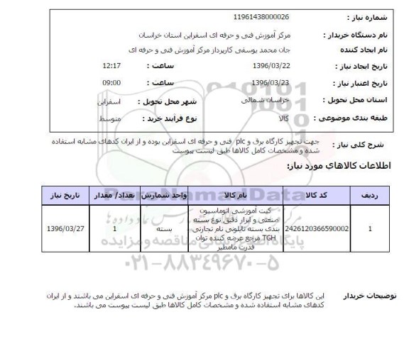 استعلام, استعلام کیت آموزشی اتوماسیون صنعتی و ابزار دقیق 