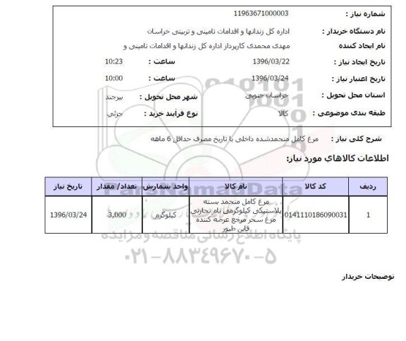 استعلام , استعلام مرغ کامل منجمد شده داخلی با تاریخ مصرف حداقل 6 ماهه