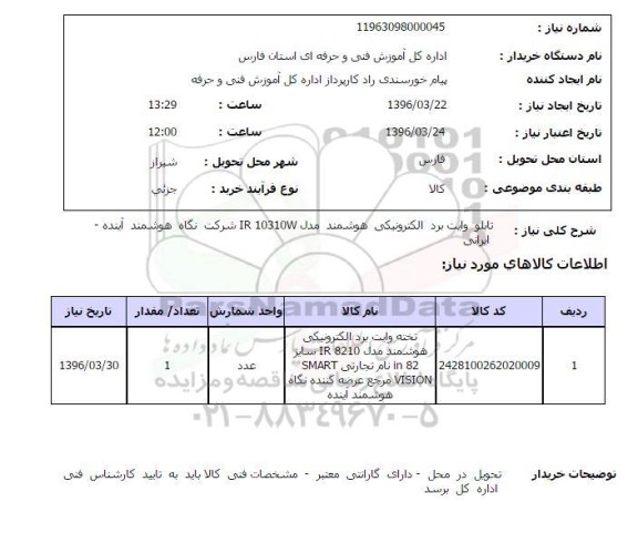 استعلام, استعلام تابلو وایت برد الکترونیکی هوشمند