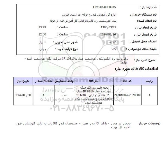 استعلام, استعلام تابلو وایت برد الکترونیکی هوشمند 