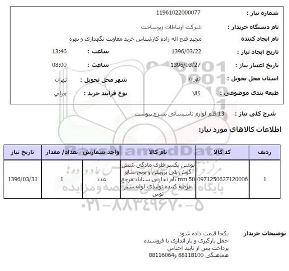 استعلام 13 قلم لوازم تاسیساتی