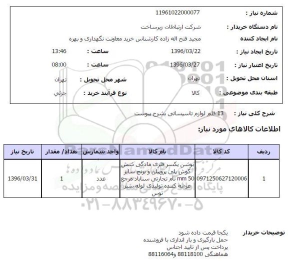 استعلام 13 قلم لوازم تاسیساتی 