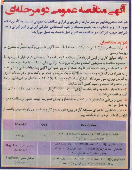 مناقصه , مناقصه تامین اقلام مورد نیاز
