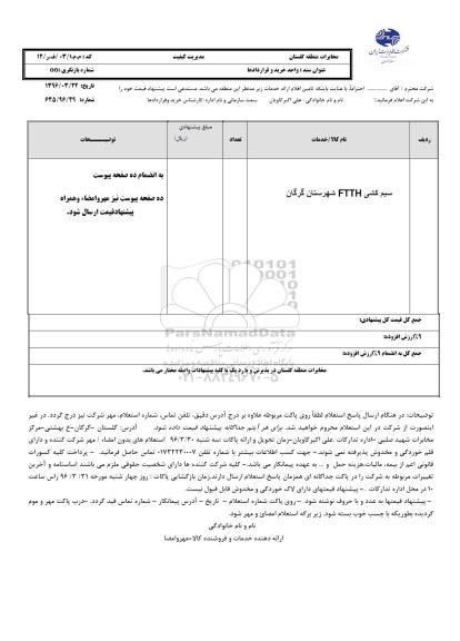 استعلام, استعلام سیم کشی FTTH شهرستان گرگان