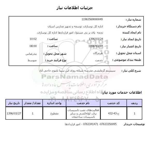 استعلام , استعلام سیستم گرمایشی مدرسه شبانه روزی ابن سینا