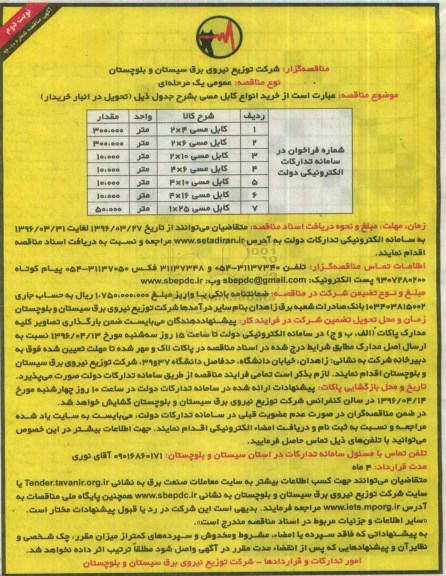 آگهی مناقصه, مناقصه خرید انواع کابل مسی نوبت دوم