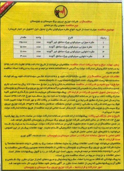 آگهی مناقصه, مناقصه خرید مقره سوزنی سیلیکونی نوبت دوم