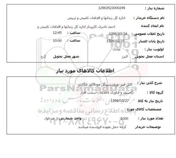 استعلام کابل فیبر نوری سینگل مود 8 کور تلگارتنر