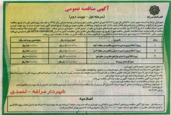 آگهی مناقصه عمومی, مناقصه پروژه آسفالت ریزی به صورت دستی و مکانیزه - مرحله اول نوبت دوم