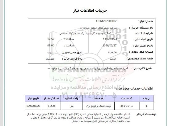 استعلام اجرای شبکه روشنایی شهرک صنعتی بهشهر