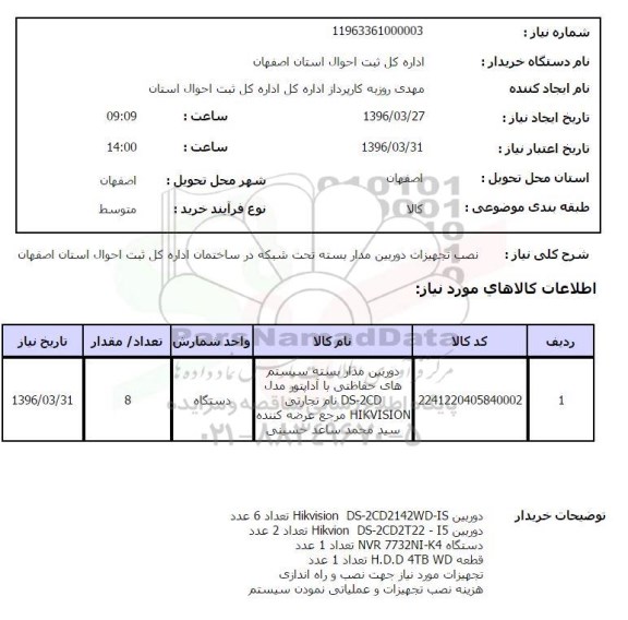 استعلام , استعلام نصب تجهیزات دوربین مداربسته تحت شبکه ....