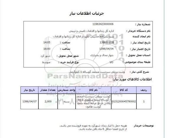 استعلام , استعلام گوشت برزیلی سردست منجمد گوساله