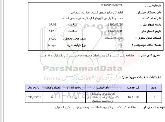 استعلام, استعلام مطالعه اکیپ کسب و کار روستاهای محدوده طرح ترسیب