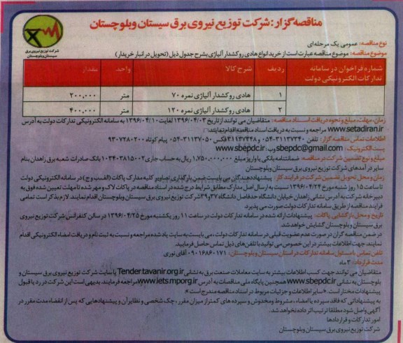 آگهی مناقصه, مناقصه خرید انواع هادی روکشدار آلیاژی