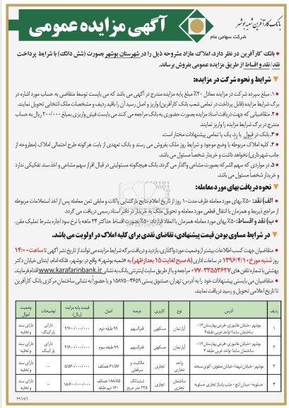 مزایده,مزایده املاک مازاد در شهرستان بوشهر 