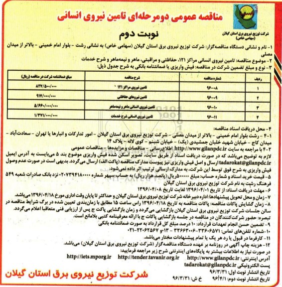 مناقصه عمومی دو مرحله ای ، مناقصه تامین نیروی انسانی مراکز 121... نوبت دوم