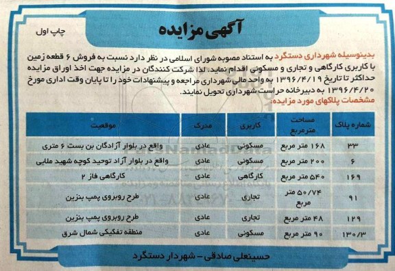 مزایده,مزایده فروش شش قطعه زمین کاربری کارگاهی تجاری مسکونی