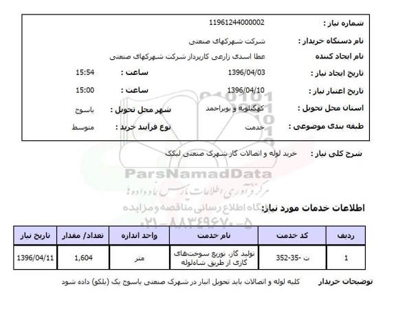 استعلام, استعلام خرید لوله و اتصالات گاز شهرک صنعتی لیکک