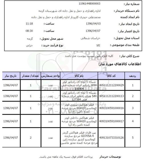 استعلام شبکه 5 لوله ای رادیاتور لودر W90