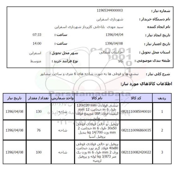 استعلام, استعلام نبشی فولادی - پروفیل 