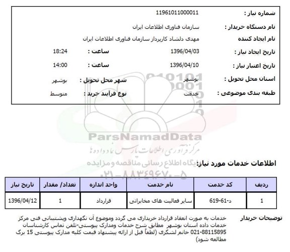 استعلام , استعلام سایر فعالیت های مخابراتی - نگهداری و پشتیبانی فنی مرکز خدمات داده