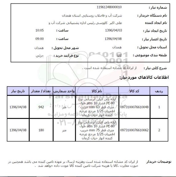 استعلام, استعلام لوله پلی اتیلن آبرسانی