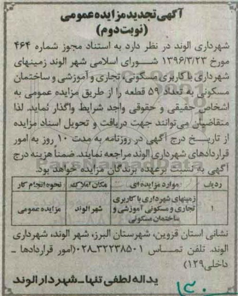 مزایده,مزایده واگذاری زمینهای شهرداری با کاربری مسکونی تجاری آموزشی نوبت دوم