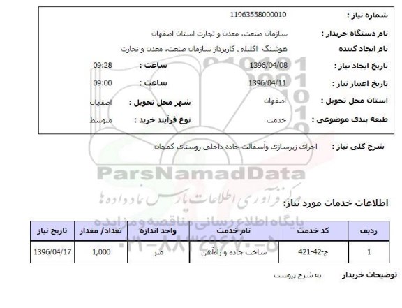 استعلام, استعلام اجرای زیرسازی و آسفالت جاده داخلی روستای کمجان