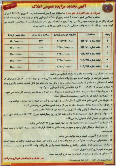 مزایده,مزایده فروش تعداد 5 قطعه زمین از املاک شهرداری نوبت دوم 