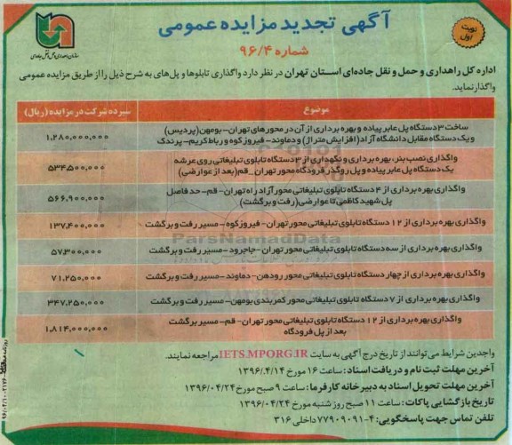 آگهی تجدید مزایده عمومی, تجدید مزایده واگذاری تابلوها و پل ها