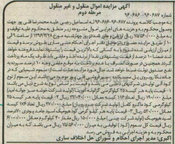 آگهی مزایده اموال منقول و غیر منقول , مزایده فروش سموم شیمیایی مرحله دوم
