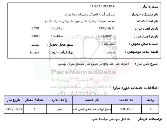 استعلام , استعلام اجرای حفر چاه واقع در خیرودکنار مجتمع شرق نوشهر