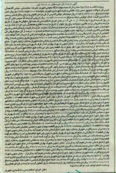 مزایده,مزایده املاک توقیفی شامل پلاک ثبتی .زمین و واحد اداری مرحله اول