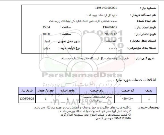استعلام, استعلام تقویت ستونچه های دکل ایستگاه حمیدیه