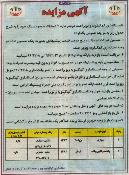 آگهی مزایده ، مزایده  2 دستگاه خودرو سبک 