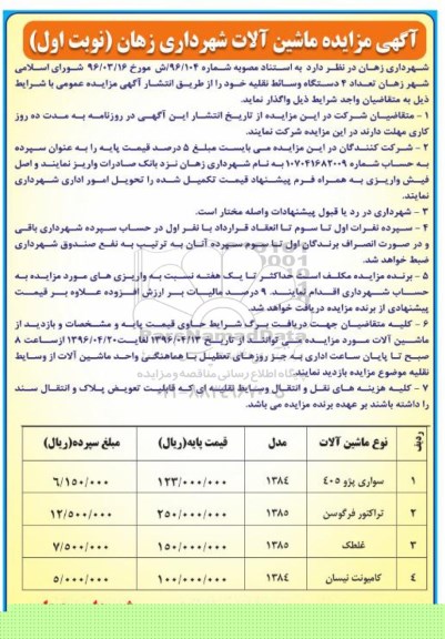 مزایده , مزایده تعداد 4 دستگاه وسائط نقلیه خود نوبت اول