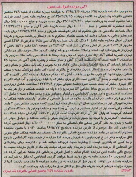 مزایده ,مزایده یک باب منزل به پلاک ثبتی 80648 کلاسه 125.249.95