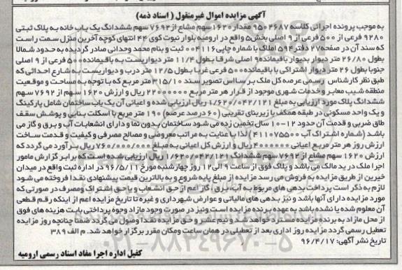 مزایده,مزایده ششدانگ یک باب خانه کلاسه 9502687