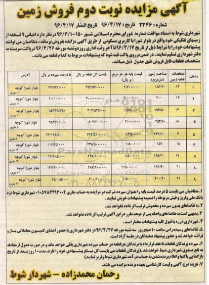 مزایده,مزایده فروش اعیانی 9 قطعه از زمینهای تفکیکی نوبت دوم