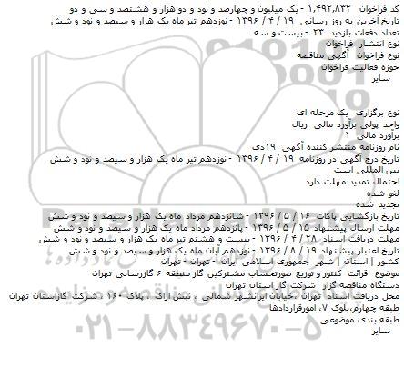 مناقصه قرائت کنتور و توزیع صورتحساب مشترکین گاز منطقه ۶ گازرسانی تهران   