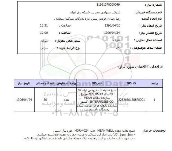 استعلام منبع تغذیه تک خروجی